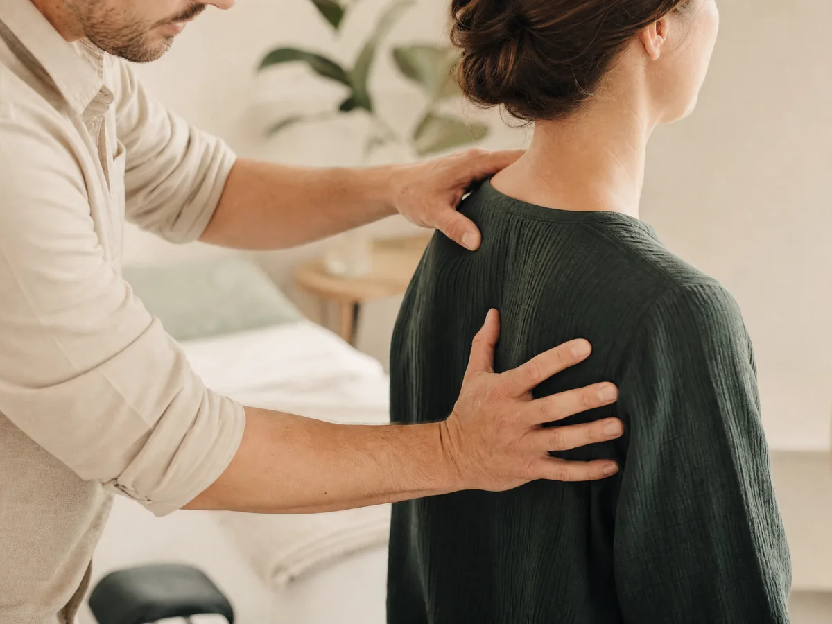 A clinician gently assessing a patient's posture