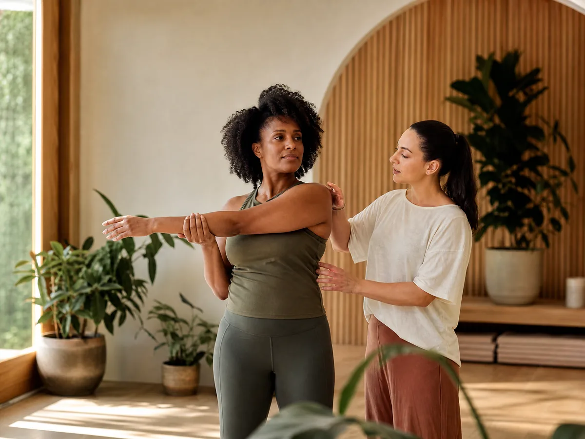 A clinician guiding a patient through a mobility exercise